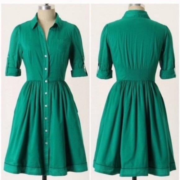 Anthro Moulin Sours 100% Cotton Kelly Green Button Down A-Line Shirt Dress - Picture 2 of 12